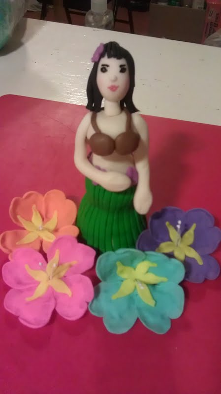 Fondant Hula Girl & Hawaiian Flowers Cake Topper Set